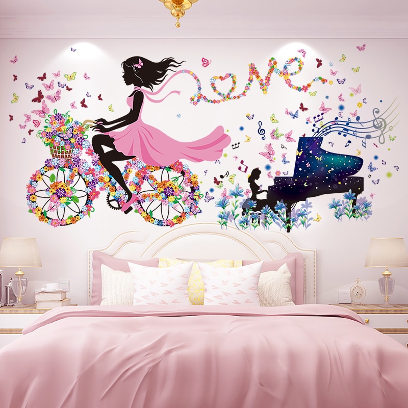 [shijuekongjian] pianomeisje muurstickers diy feeënfiets vlinders muurstickers voor kinderkamer babykamer decoratie