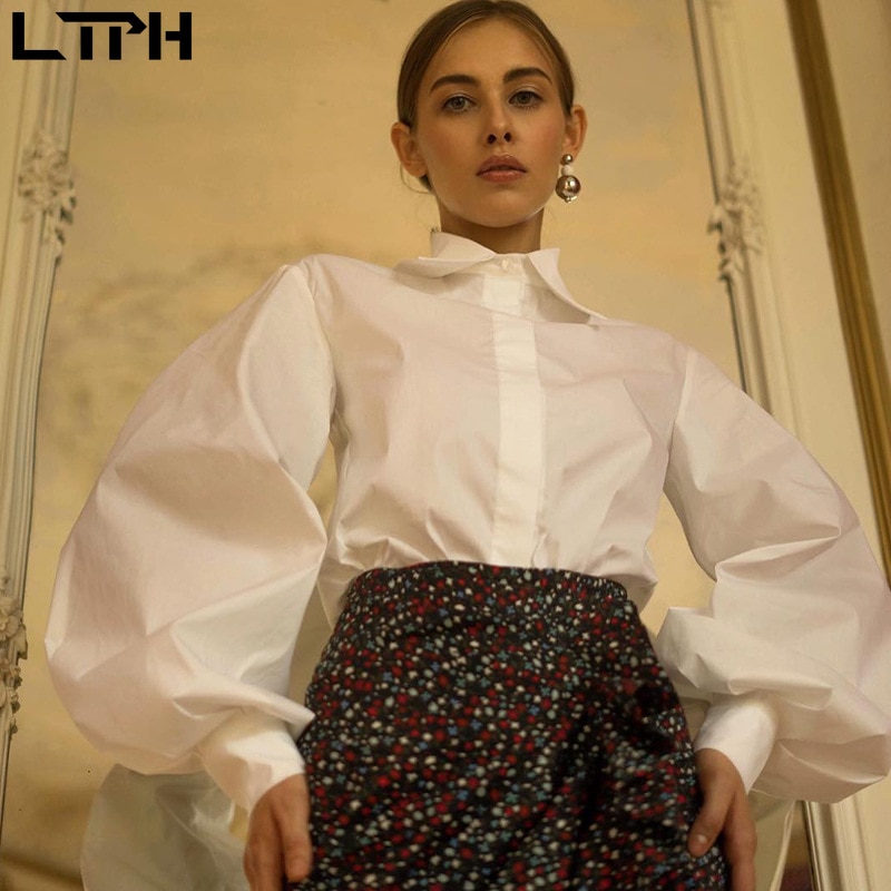 , otoño , nuevas blusas para mujer, mangas acampanadas, ropa de calle con solapa, informal, suelta, botón Delgado, Camisa lisa simple