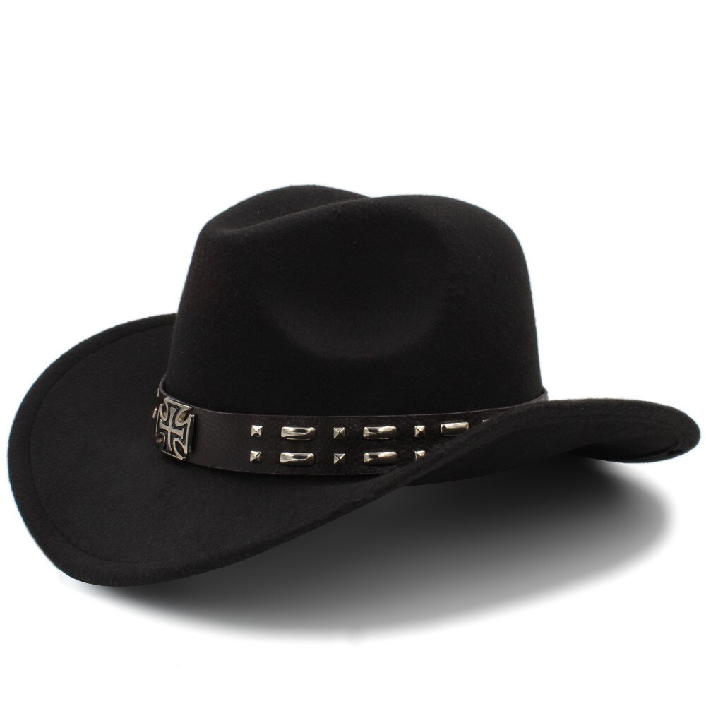 Kvinder uld western cowboy hat med roll-up brim kirke dame jazz hestesport sombrero hombre steampunk cap størrelse 56-58cm