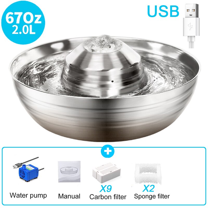 Stainless Steel Cat Fountain Filter Water Drinking Fountain Pet Cat Dog Ultra-Quiet Automatic Fountains and Filter Cats Drinker: A-FilterX9