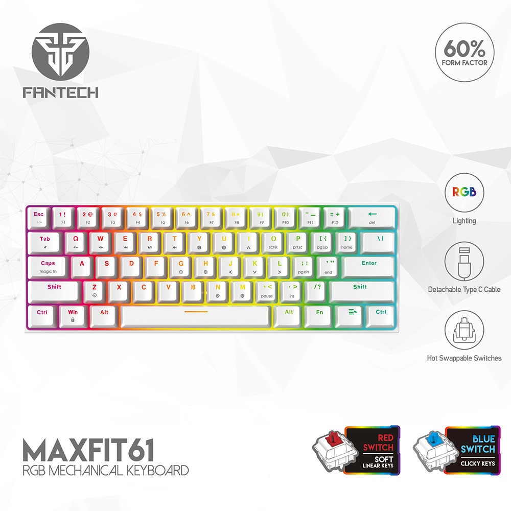 FANTECH MAXFIT61 Gaming Mechanical Keyboard USB Wired 61 keys with RGB Swappable Switches for PC Computer Gamer: MAXFIT61WHITE / Red Switch