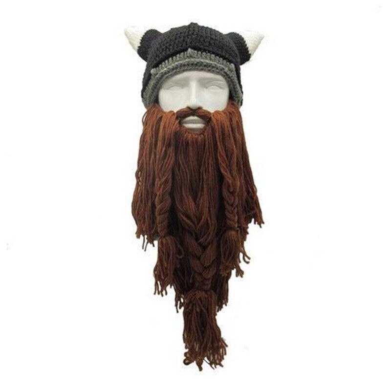 Men&#39;s Knit Viking Beard Horn Hat Crazy Ski Cap Barbarian Vagabond Beanie Halloween Winter Handmade Funny Hat + Beard