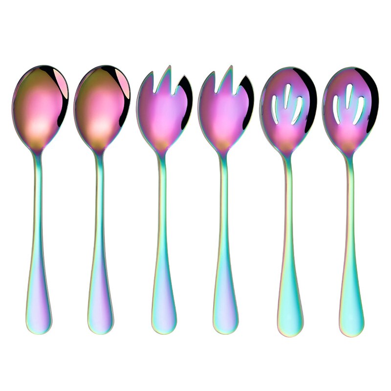 3Pcs Salad Dessert Spoon Set Large Stainless steel Salad Fork Spoon Serving Set Tablespoon Salad Server Kitchen Spoon Utensils: 6pcs Rainbow
