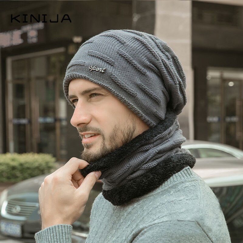 Gorro + bufanda conjunto de dos piezas Otoño Invierno gorras de lana calentador de cuello a prueba de viento gorro de punto de terciopelo grueso cálido y grueso sombrero de lana: Grey