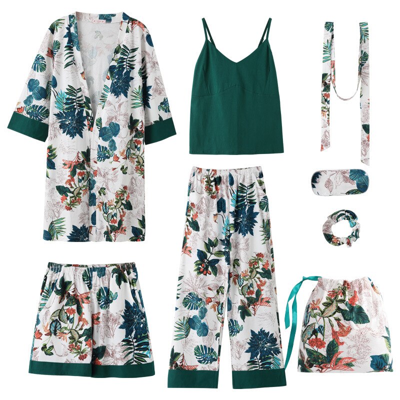 Summer Autumn Winter 7 Pieces Set Cotton Women Pajamas Full Shorts Long Sleeve Top Elastic Waist Pants Silk Lounge Robe