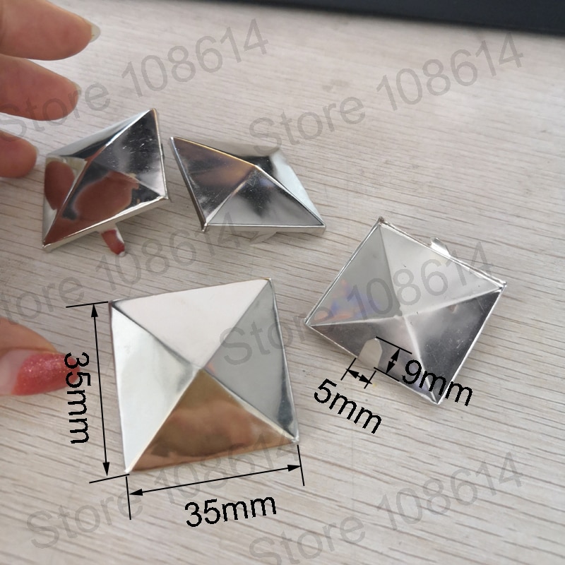 35mm biger pyramide 4 griffes rviets pour cuir carré rivet goujons et pointes pour vêtements remaches para cuero tachas para ropa: Argent antique