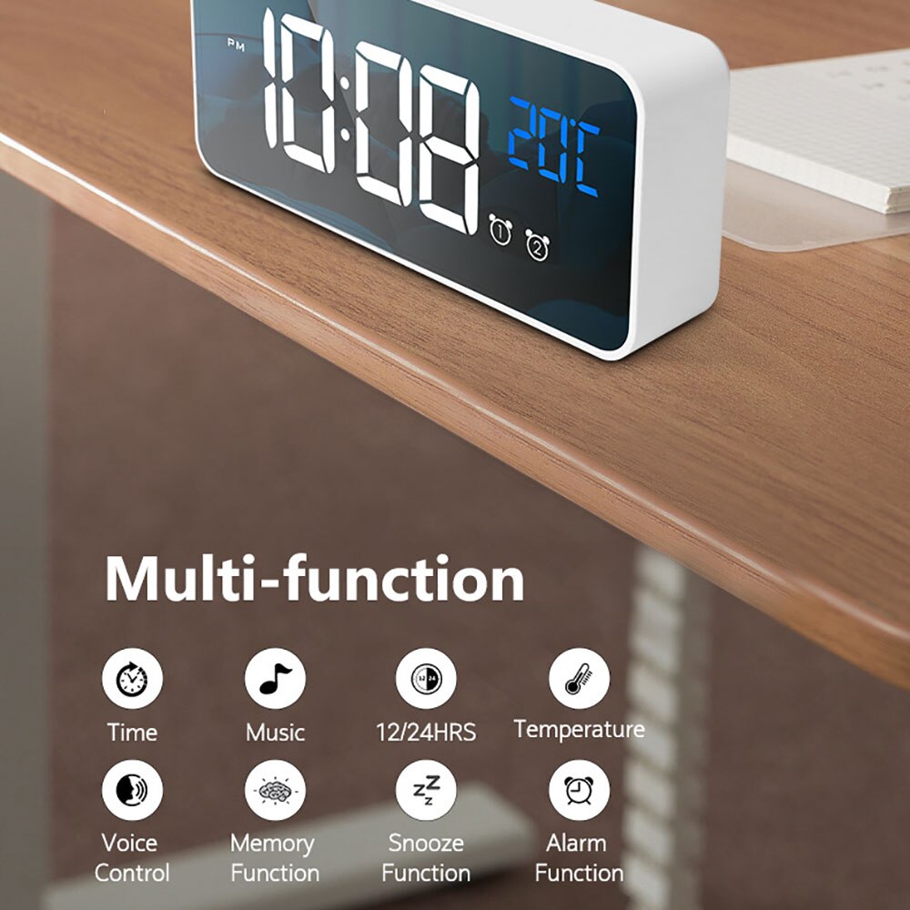 LED Mirror Alarm Clock Sound-Activated Clock Recha... – Grandado