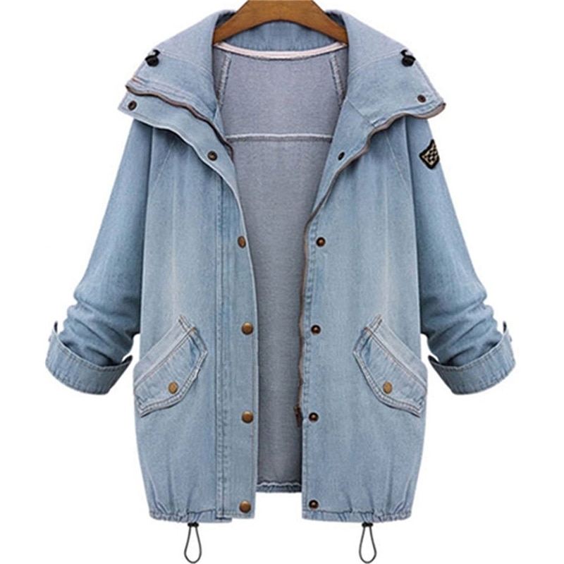 Frauen Mit Kapuze Denim Jacke Mantel Weibliche Jean Jacken Kordelzug Trends Patch Tasche Langarm Taste Hoodie Windjacke Frühling