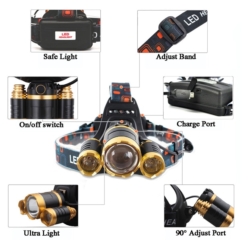 6000 Lumen 3 Leds Koplamp Vissen Koplamp T6 4Modes Draagbare Zoomable Waterdichte Headtorch Camping Wandelen Met Usb-kabel