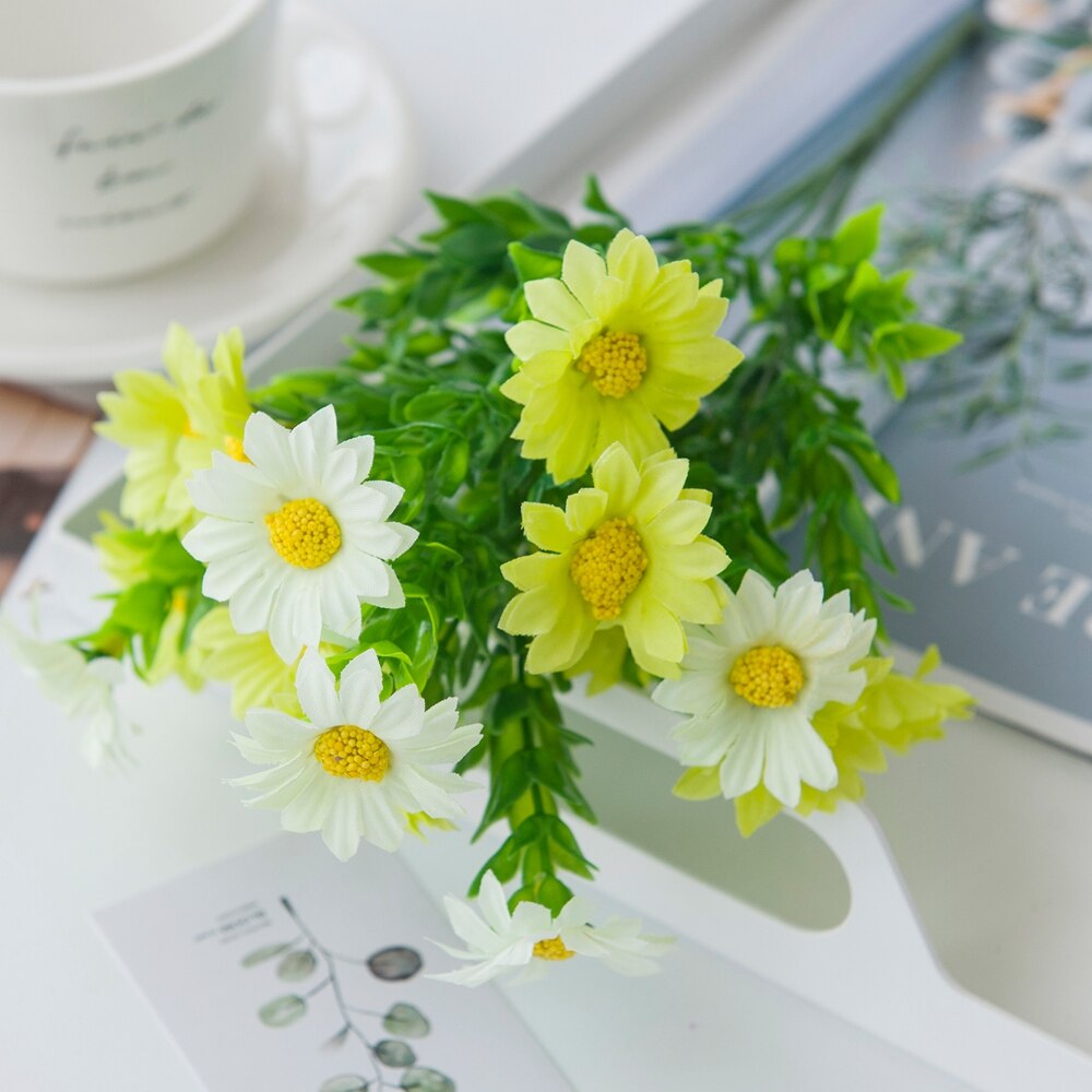 5 bundter silke solsikke gul daisy plante scrapbog blomst væg vase til boligindretning haven fest jul kunstige blomster: Grøn