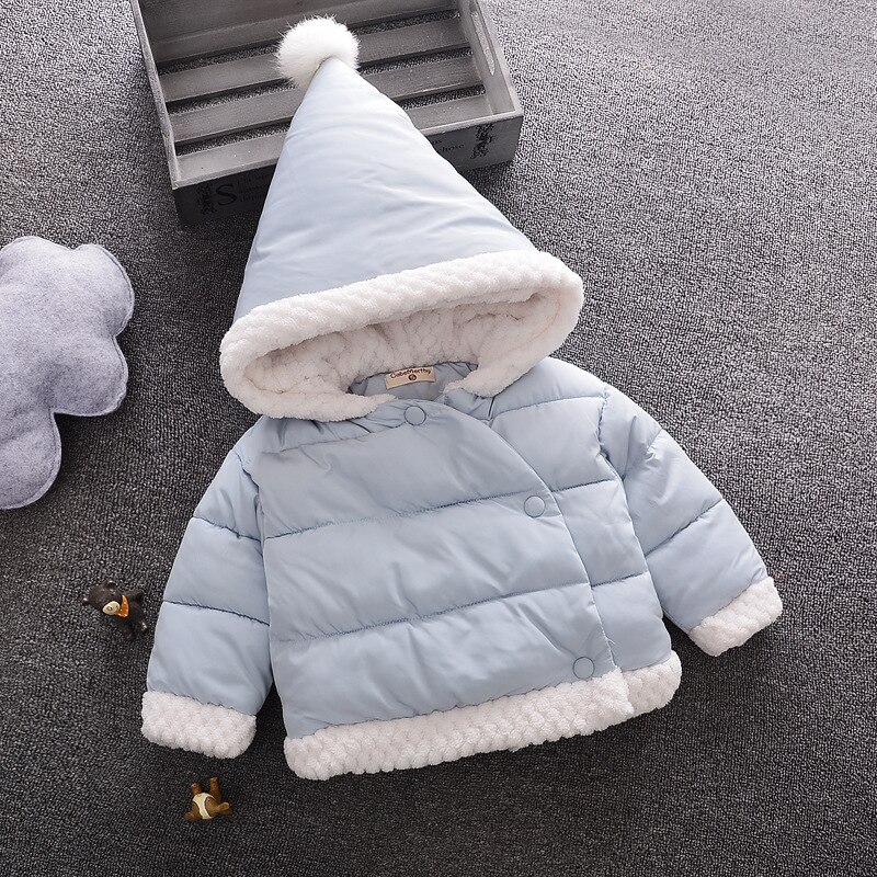 winter plus velvet padded coat small girl winter hooded cotton jacket: Blue / 3M