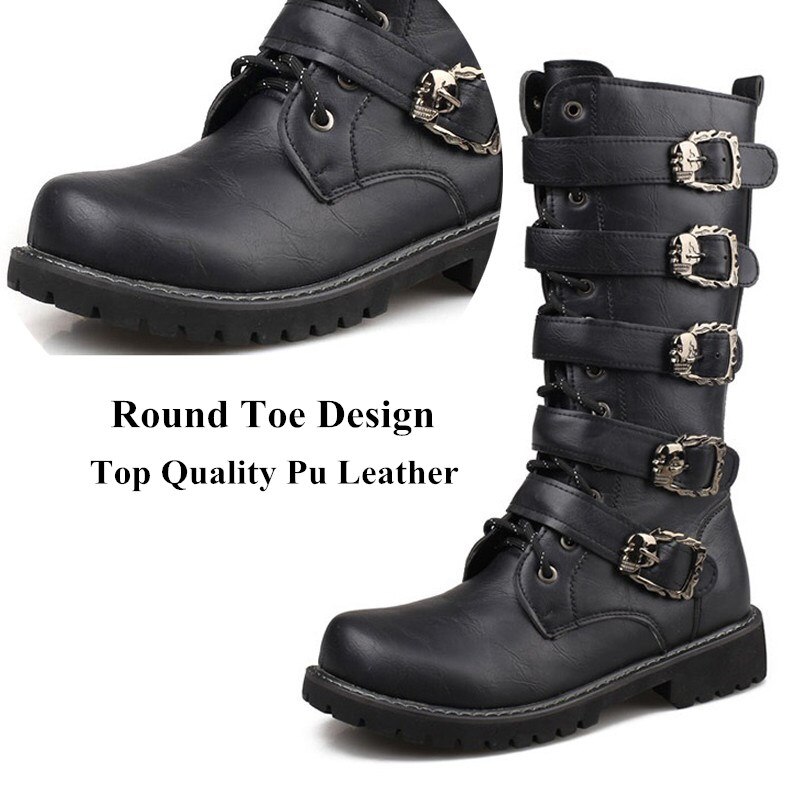 botte chaussures hommes chaussure moto homme boots homme Bottes hautes Punk noires mi-mollet pour hommes, chaussures Vintage à plateforme en métal, confortables, antidérapantes, pour moto en plein air, grande taille