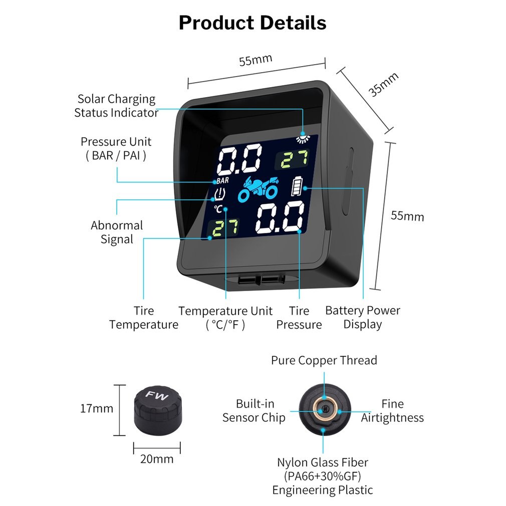 Waterproof Motorcycle Real Time Tire Pressure Monitoring System Tpms Wireless External Sensors Tire Detection Monitor