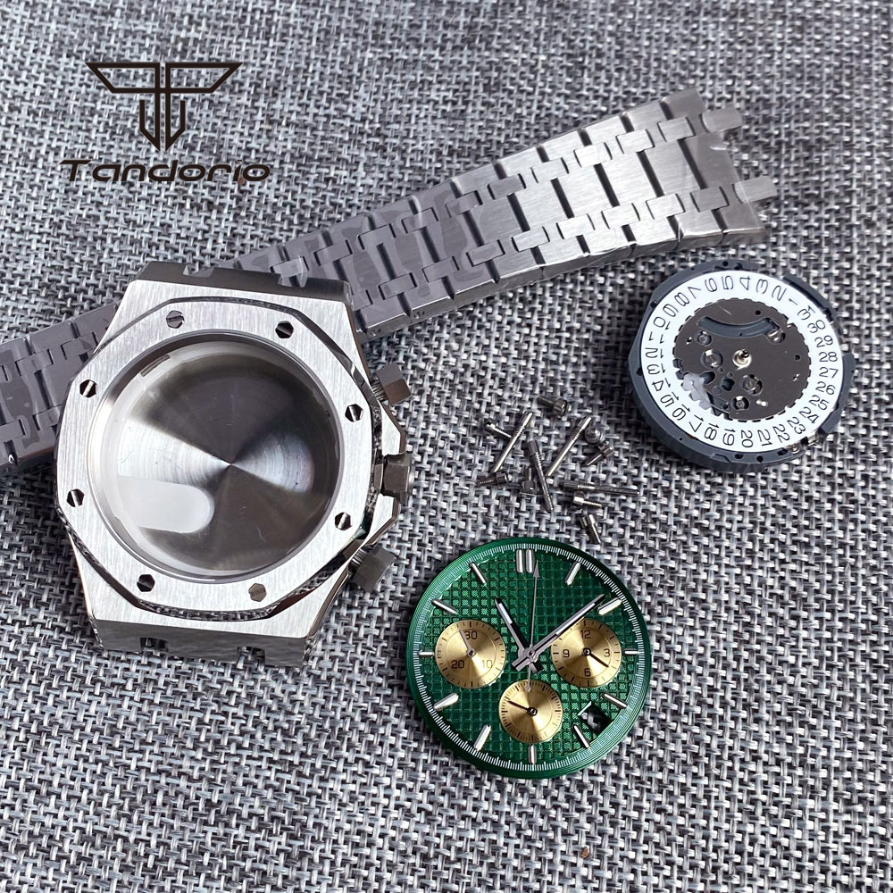 Roestvrijstalen Geborsteld 42Mm Horlogekast Armband Achtkant Bezel Saffier Crystal Fit Vk63 Vk64 Chronograaf Quartz Uurwerk