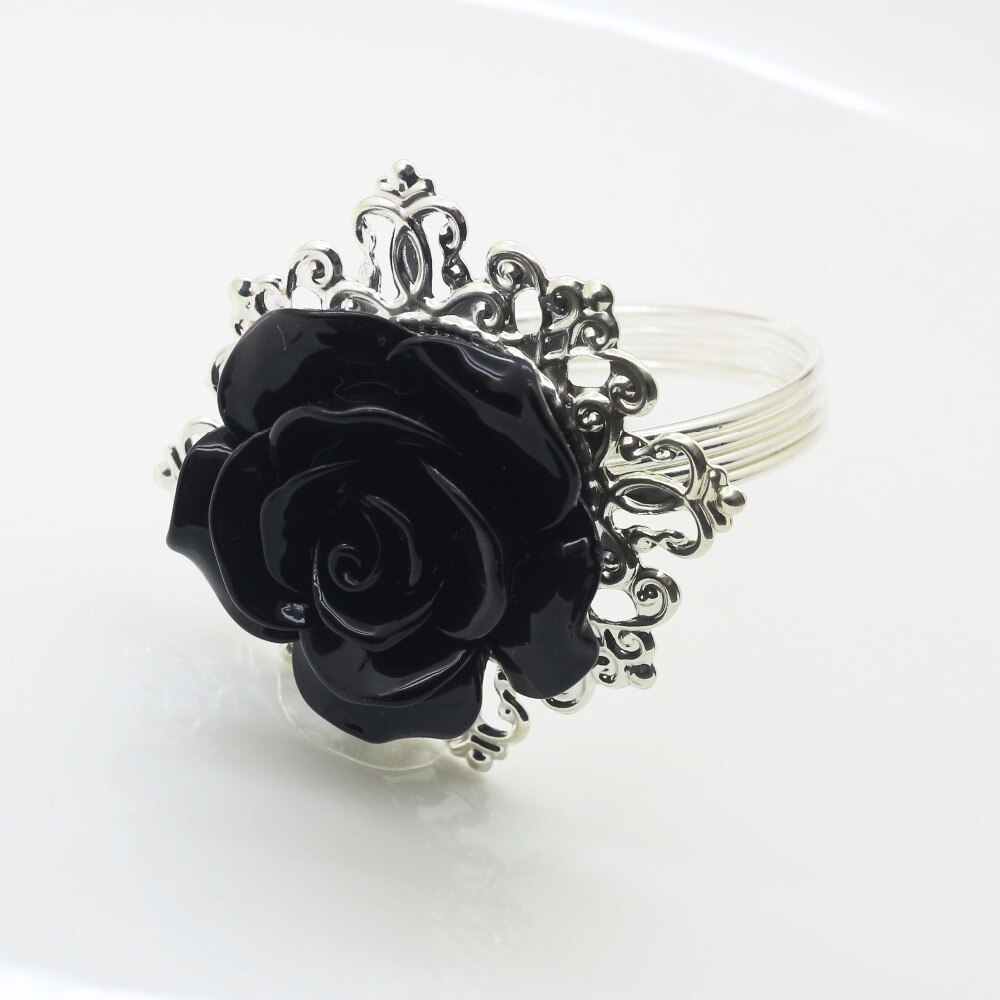 6 Pcs/ 10 Pcs Black Rose Servetring, Servet Gesp Voor Banket, Bruiloft, Etc., Tafel Decoratie, Zilver