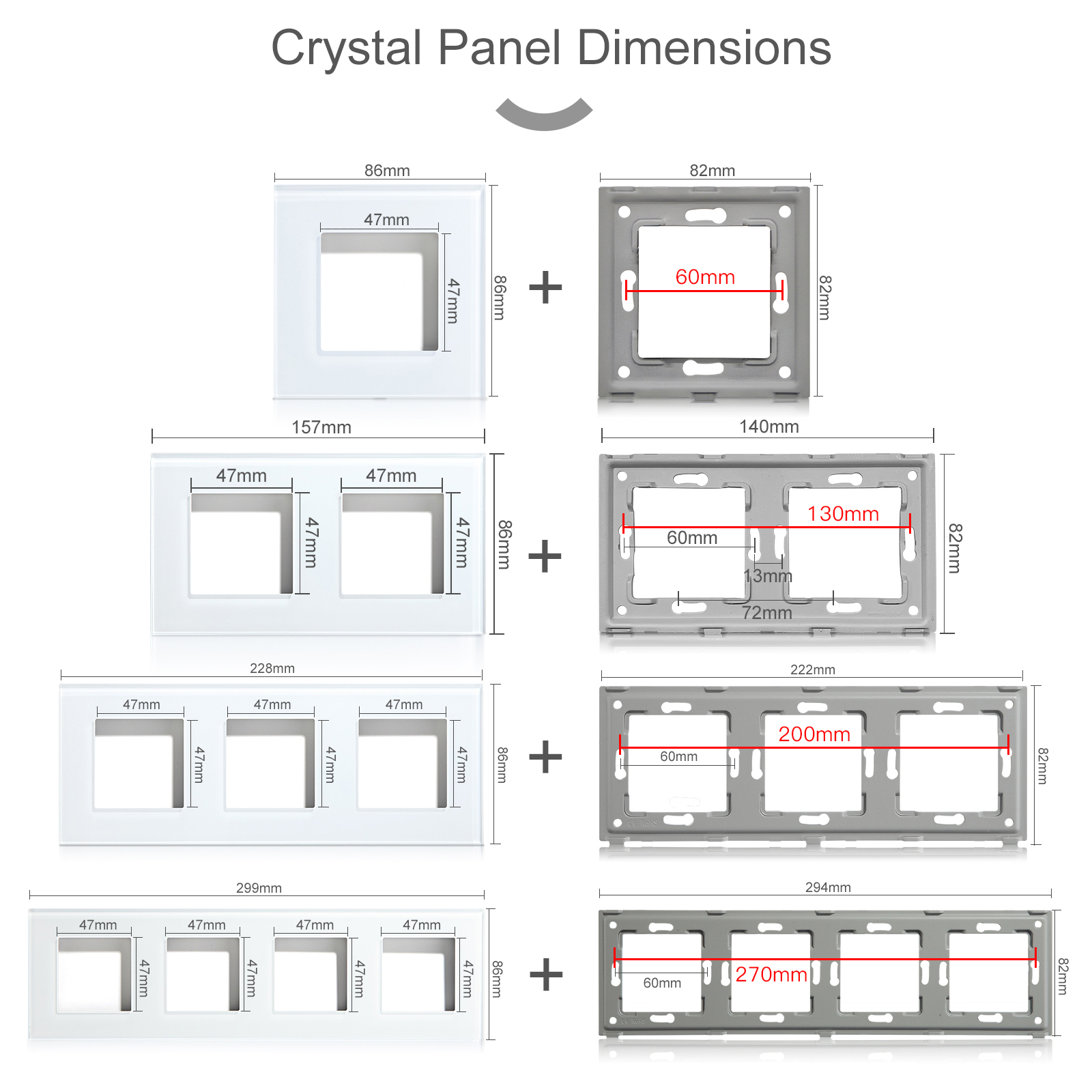 BSEED EU Standard Wall Glass Frame DIY Parts For Light Switch Sockets Metal Plate Included Crystal Panel Only 86/157/228mm