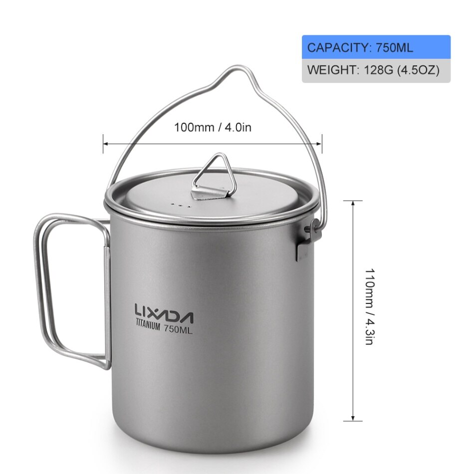 Vajilla de titanio para exteriores Lixada, olla de 750ml, tazón taza de agua de 420ml con tapa, mango plegable, deportiva para Camping, Picnic, senderismo, Viajes: 750ML Pot