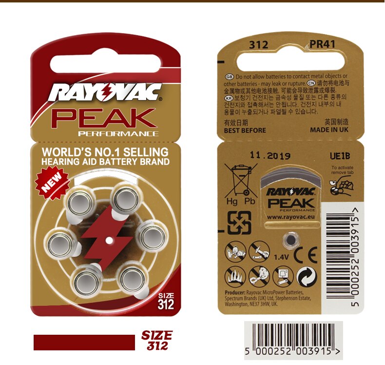 60 stuks rayovac peak high performance hoortoestelbatterijen. zink-lucht 312/a312/pr41 batterij voor siemens bte/ric hoortoestellen.