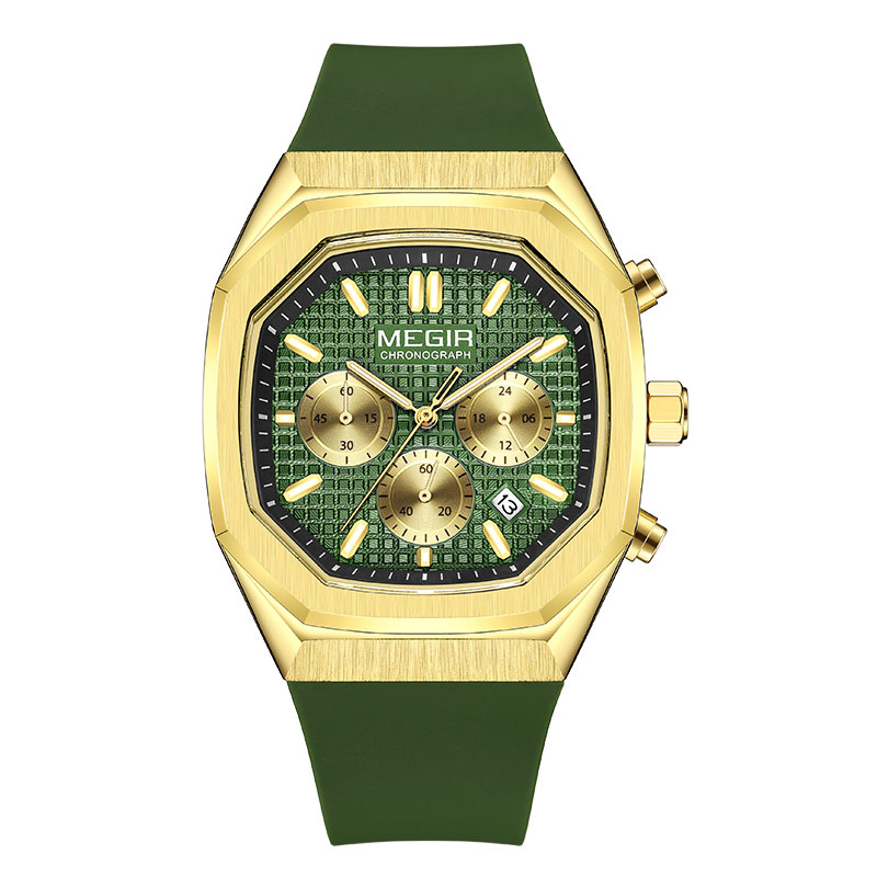 Megir heren waterdicht horloge met achthoekige wijzerplaat, chronograaf, quartz polshorloge met olijfgroene siliconen band, datumweergave en lichtgevende wijzers 2215: Wit