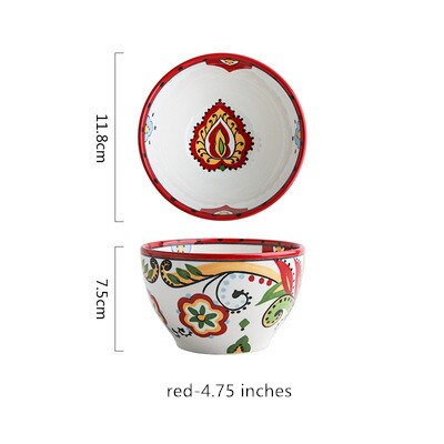 Bohemian Handgeschilderde Keramische Slakom Rijst Ramen Kom Soep Kommen Fruit Thuis Ontbijt Granen Huishoudelijke Keuken Servies: red-4.75inches