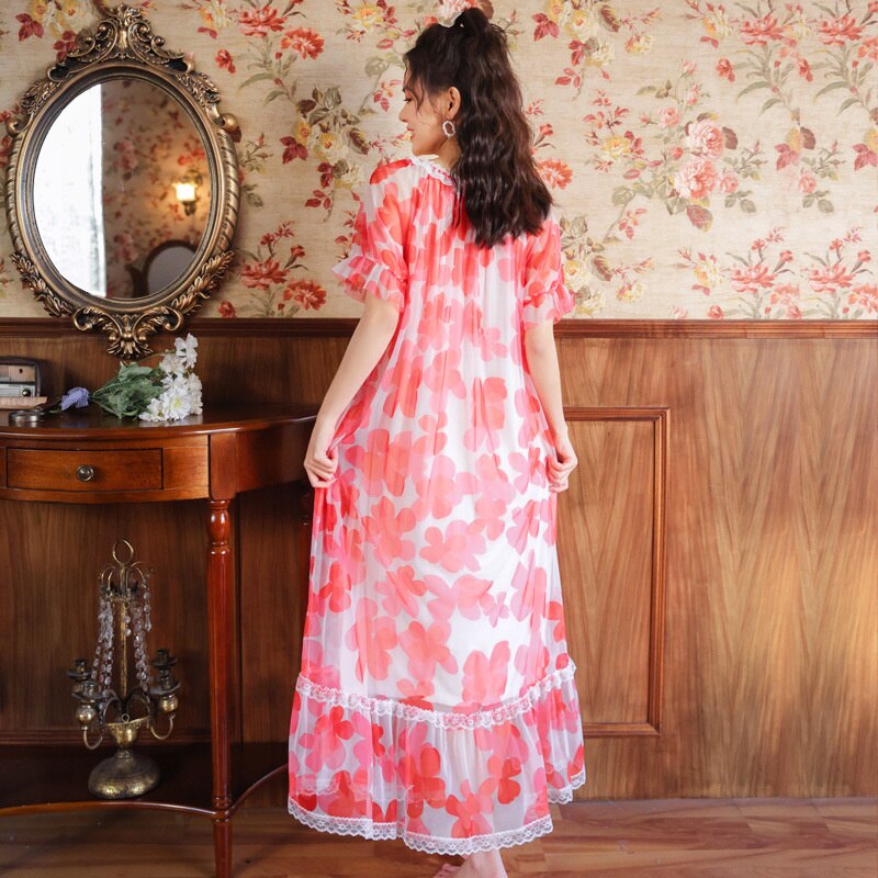 Short Sleeve Nightdress Women&#39;s Summer Palace Style Princess Mesh Lace Printing Long Outdoor Home Wear Pajamas Spring