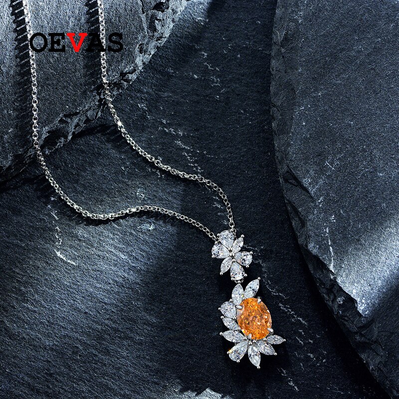 Oevas 100% 925 Sterling silber 7*9mm orangefarbene diamanten mit hohem kohlenstoffgehalt 43cm anhänger halskette für damen funkelnder hochzeitsschmuck