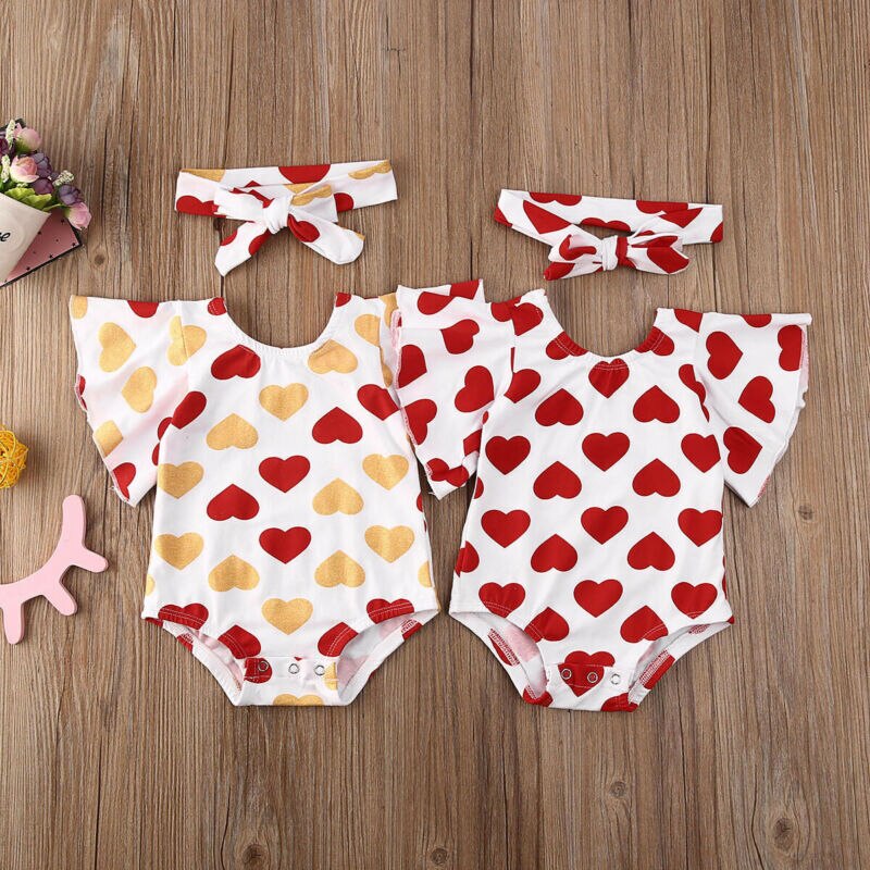 Nyfödd baby flicka alla hjärtans dag kläder älskar hjärtat tryck ruffles ärm jumpsuit pannband