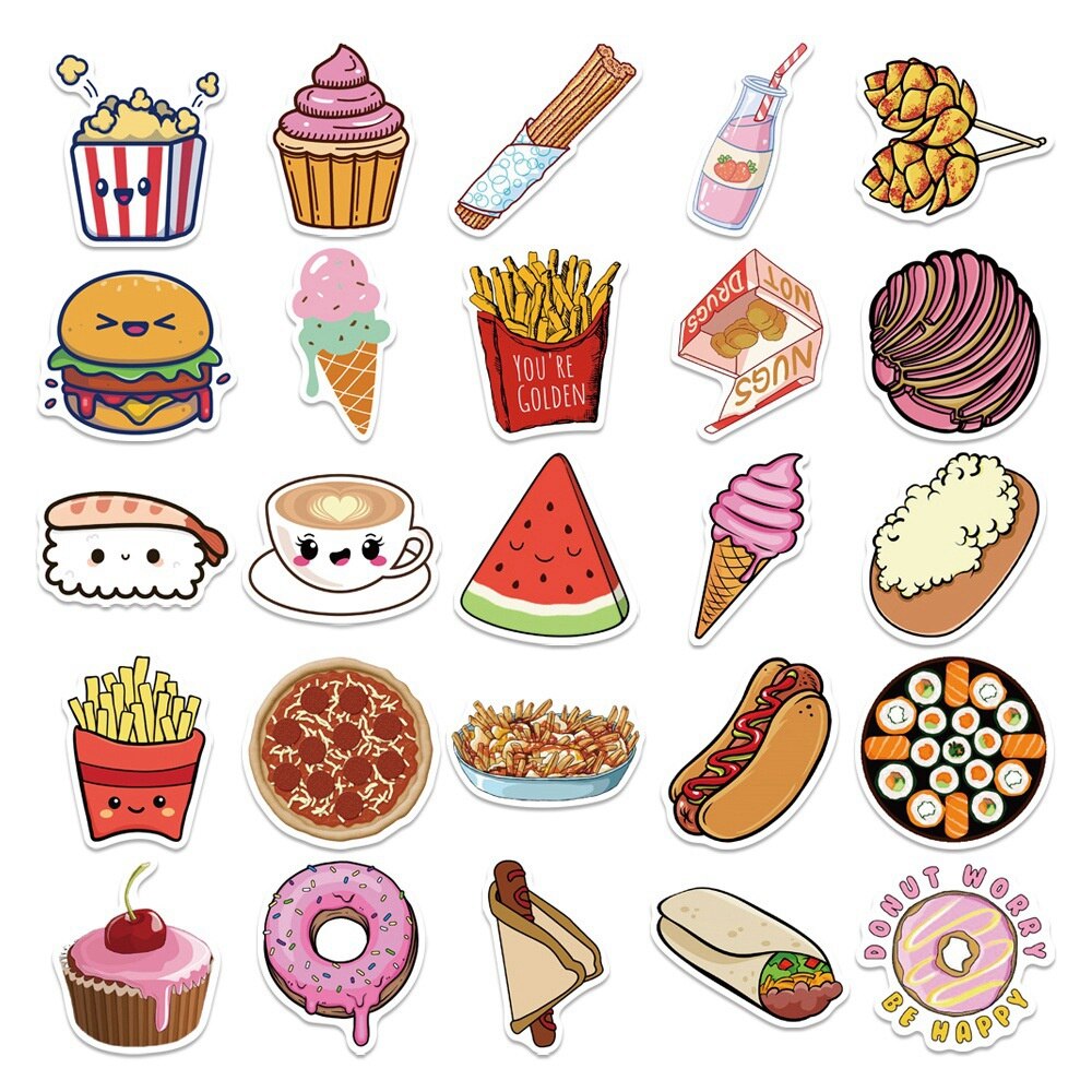 10/30/50Pcs Leuke Voedsel Burger Fries Gourmet Stickers Bagage Laptop Waterdicht Stickers Decoratieve Stickers