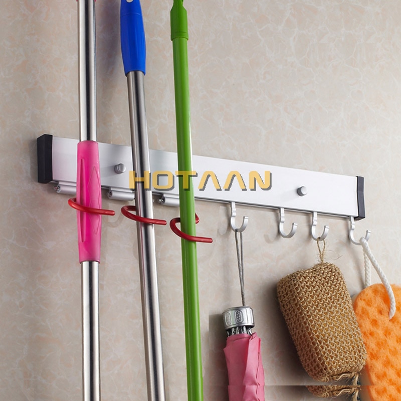 Multi-function Aluminum Mop Rack Wall Mounted Cleaning Tools Broom Hanger W/ Hooks YT-9421