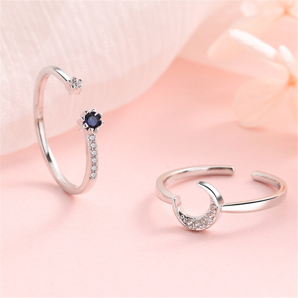 Combination Love Moon Rings Blue Crystal Stackable Engagement Wedding Rings Set For Women Friends Jewelry