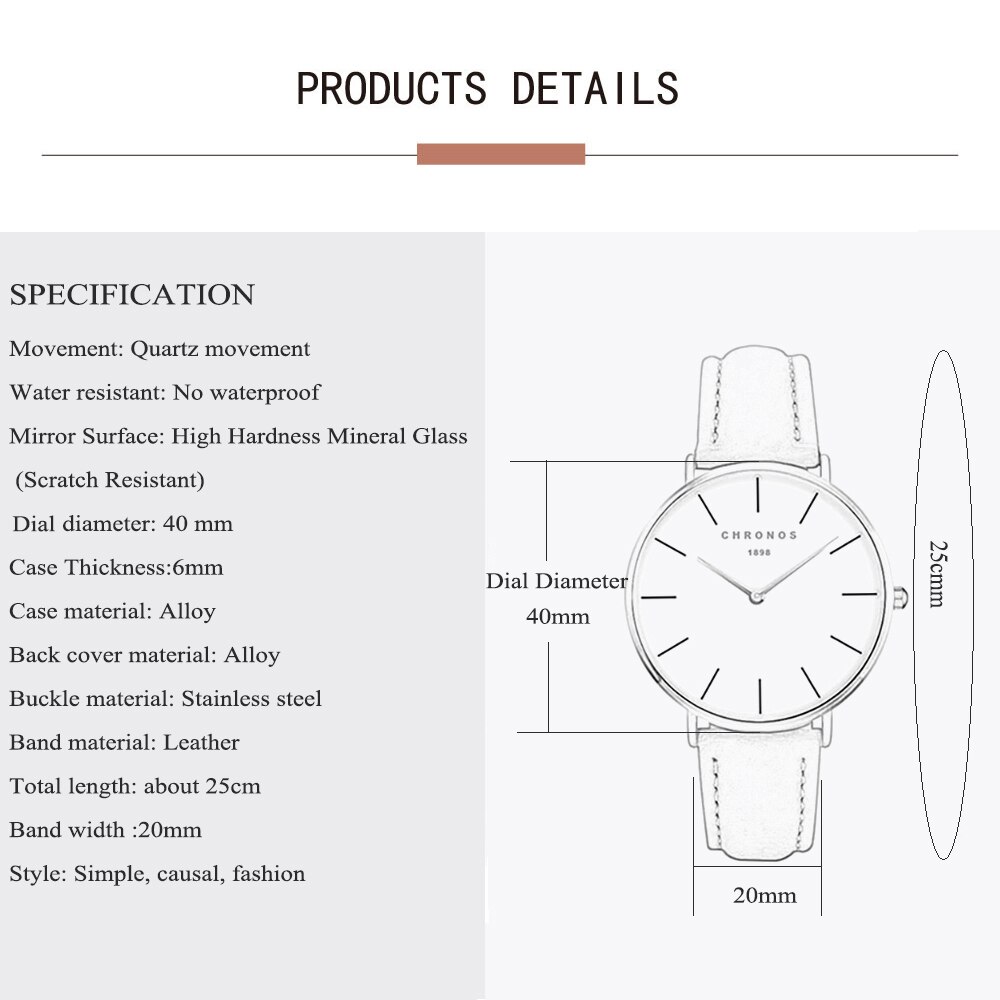 Chronos 1898 Mannen Vrouwen Simple Quartz Horloge Case Unisex Paar Lederen Horloges Grote Analoge Gezicht Bruin Zwart Montre Femme