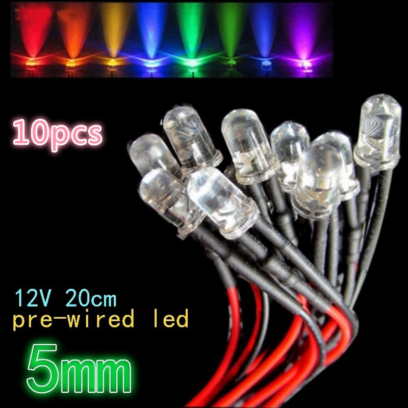 10Pcs 12V Pre Wired LED Bulb Light 5mm Pre Wired LED Lamp Diode DC12V F5 Emitting Diodes Smart light(5 Color)