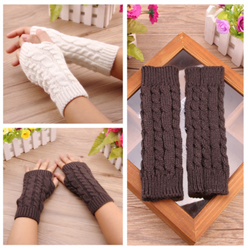 Guantes elegantes para mujer, calentadores de manos, guantes de invierno para mujer, guantes tejidos a ganchillo de lana sintética, sin dedos mitón de abrigo, guantes para mujer