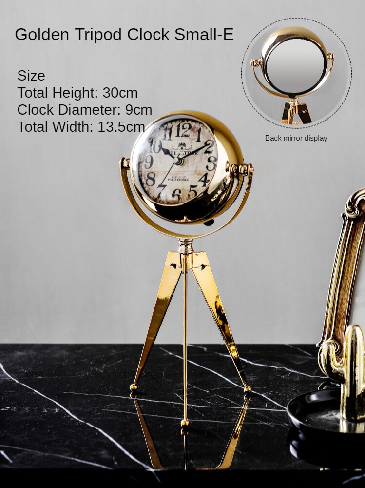 European Style Silent Retro Golden Desk Clock Living Room Decoration Bedroom Light Luxury Metal Desk Clock Decoration: E