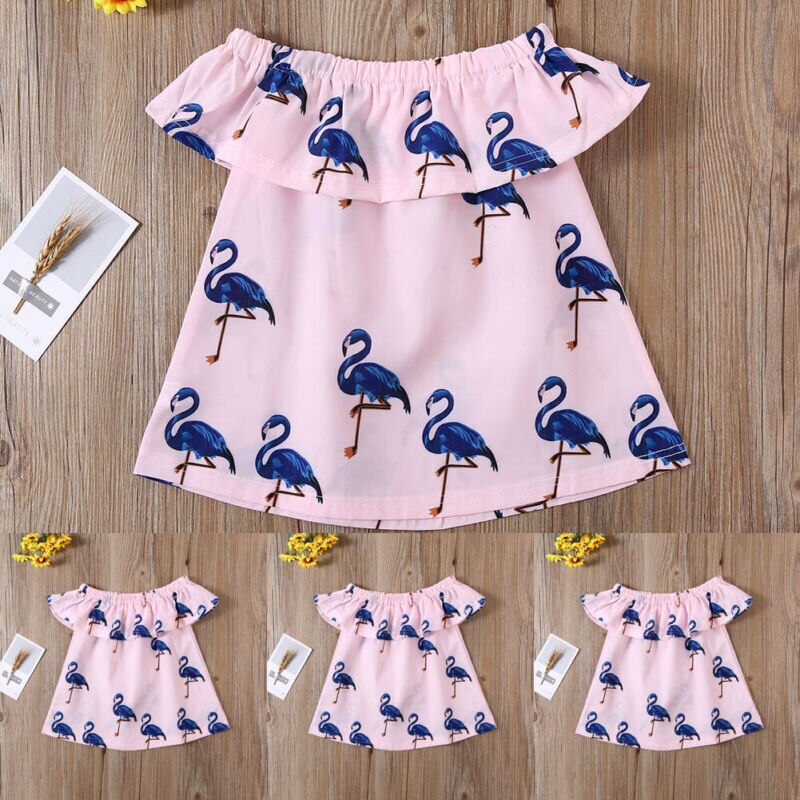 Crianças recém-nascidos do bebê meninas festa camiseta topos flamingo impresso vestido dos desenhos animados saia vestido de verão roupas topos