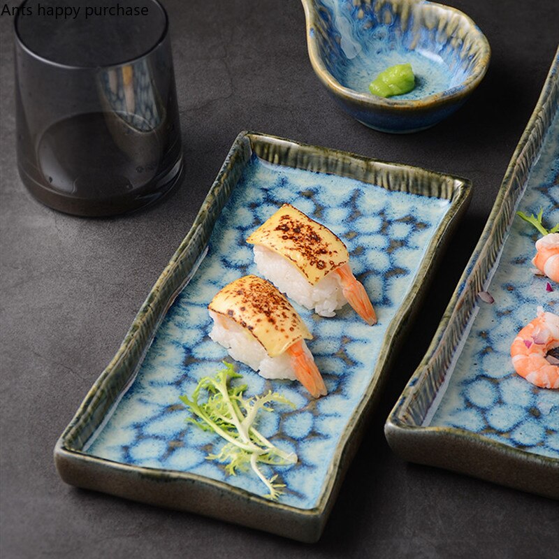 Rectangular Sushi Dish Kiln Turns Blue Ceramic Plate Square Western Steak Plate Home Tableware Dishes Dinner Plates Taste Dish