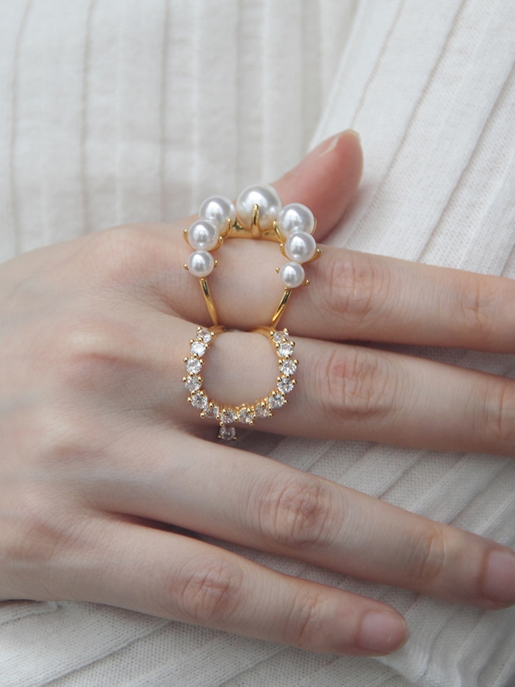 HUANZHI Vintage Old Metal Inlaid Pearl Geometric Irregular Modeling Adjustable Opening Ring for Women Party Jewelry
