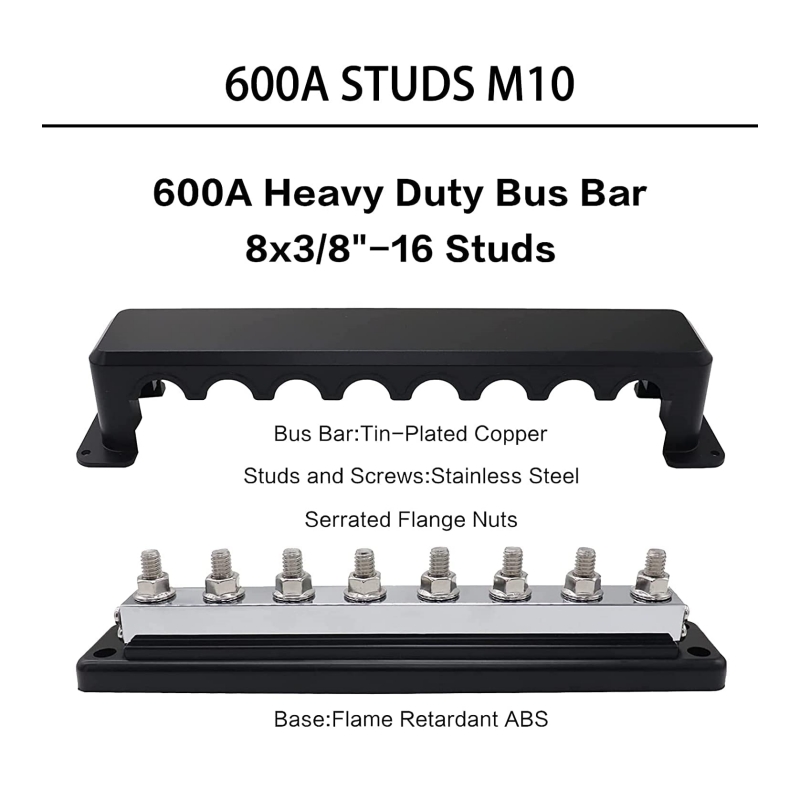 600A Bus Bar Heavy Duty Power Distribution Block Battery Marine RV Car 48V DC 8X M10(3/8") Terminal Studs Bus Bar Box