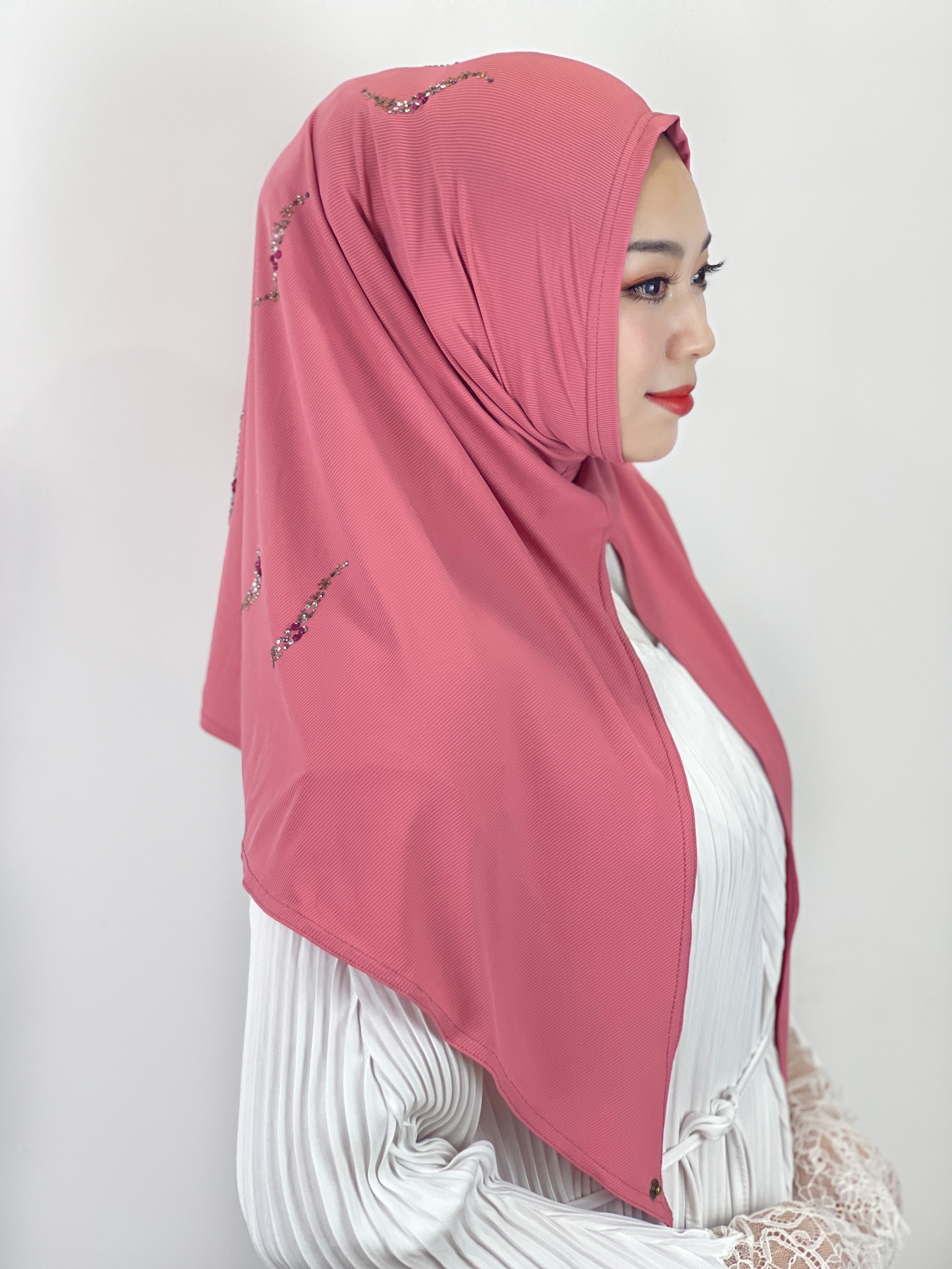 pañuelo cabeza mujer turbante mujer burquini mujer musulmana Hijab musulmán con diamantes de alta elasticidad, pañuelo islámico de Color sólido, listo para usar, turbante plisado, envolturas para la cabeza: Rosa
