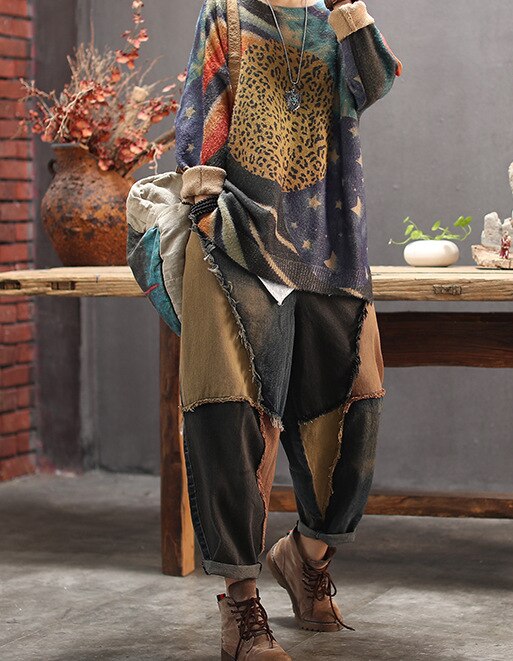 Women Autumn Retro Patch Spliced Denim Harem Pants 2