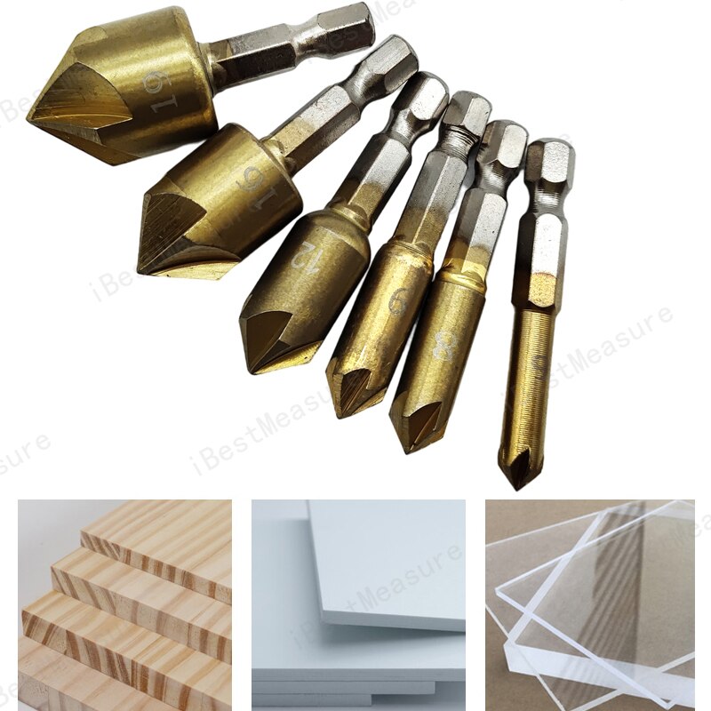 6 Pcs Verzinkboor Boor Set 1/4 &#39;&#39;Hex Shank Hss 5 Fluit Verzinkboor 90 Graden Hout Afkanten Cutter Afschuining 6Mm-19Mm