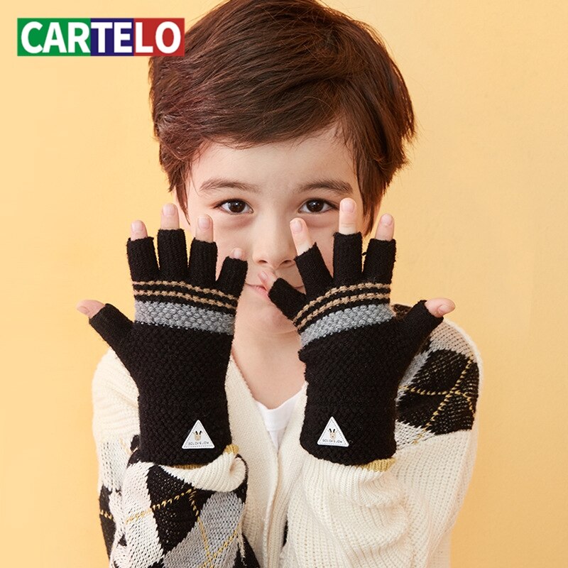 Cartelo børns halvfingerhandsker efterår og vinter vindtætte og lange fingerløse handsker enkle stribede strikkede varme handsker