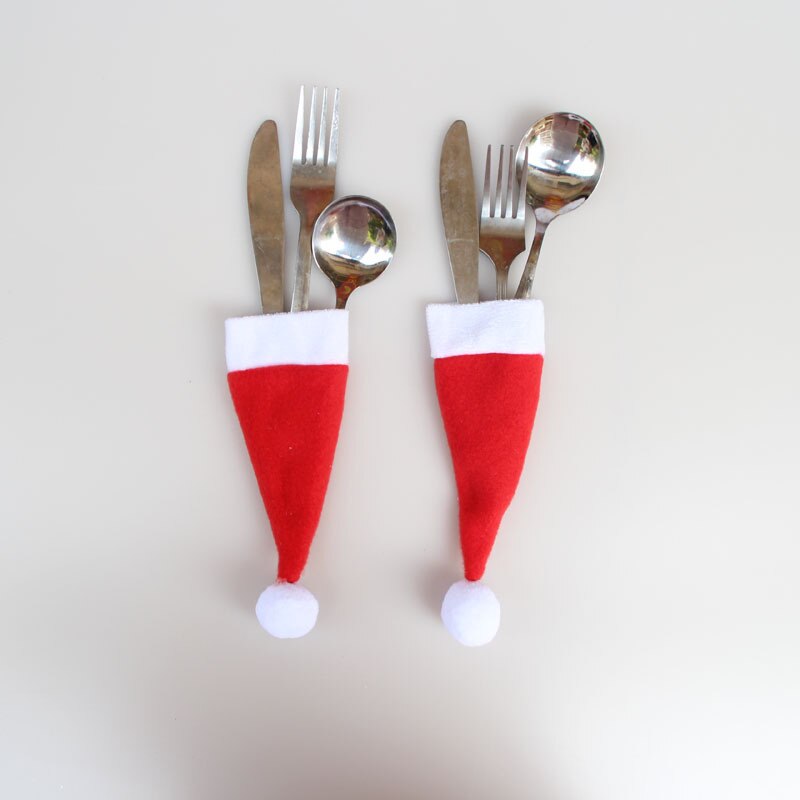 10 stks/partij Mini Kerst Hoed Servies Mes Vork Zak Kerst Decoraties Voor Huis