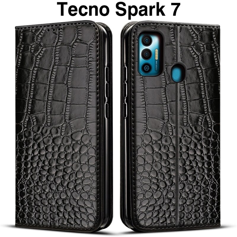 Étui à rabat en cuir pour Tecno Spark 7, porte-cartes, coque de téléphone: Black