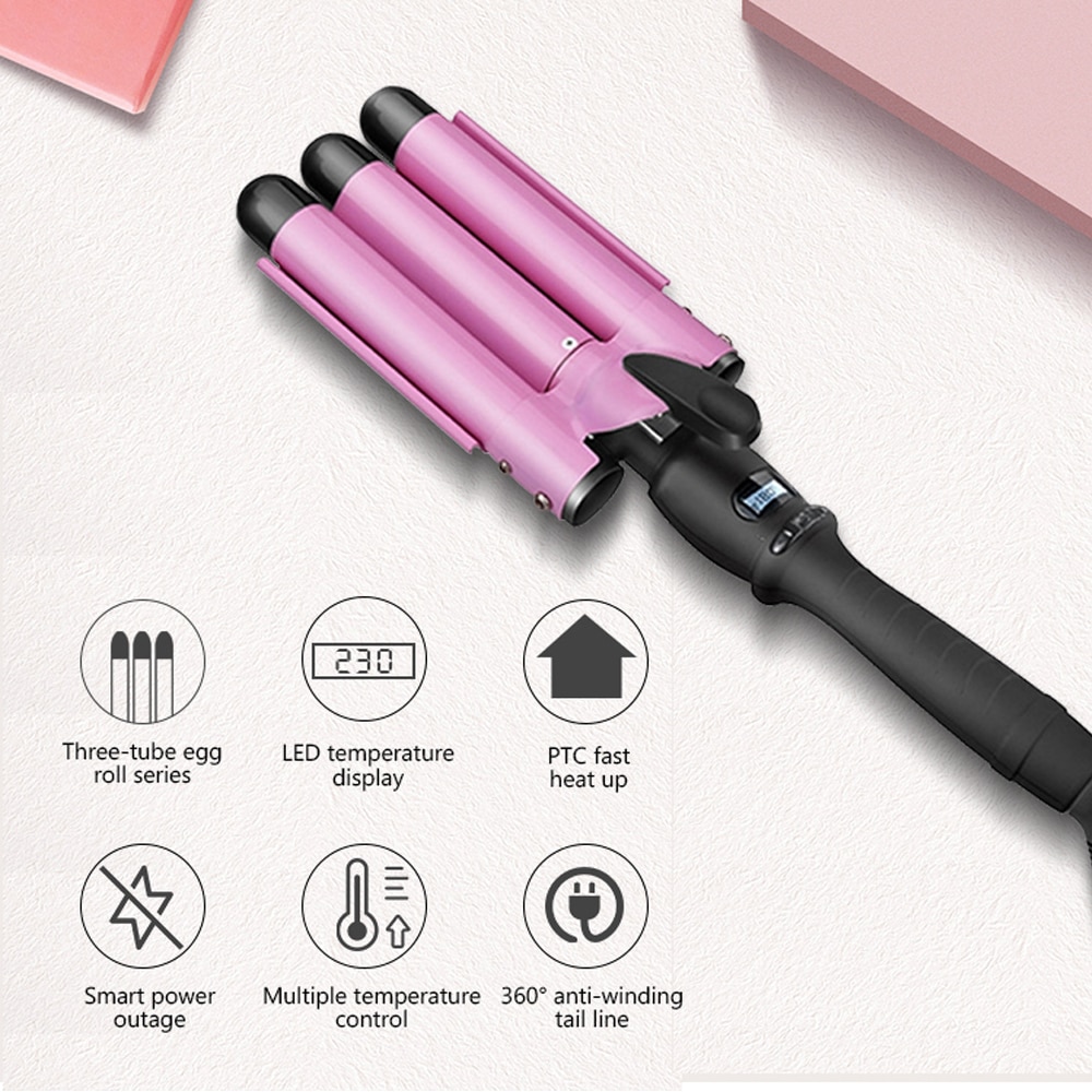 LCD Digital Display Hair Curling Iron Machine Hair Crimper Automatic Curls Air Hair Curler Electric Splint 3 Tubes Hair Curlers