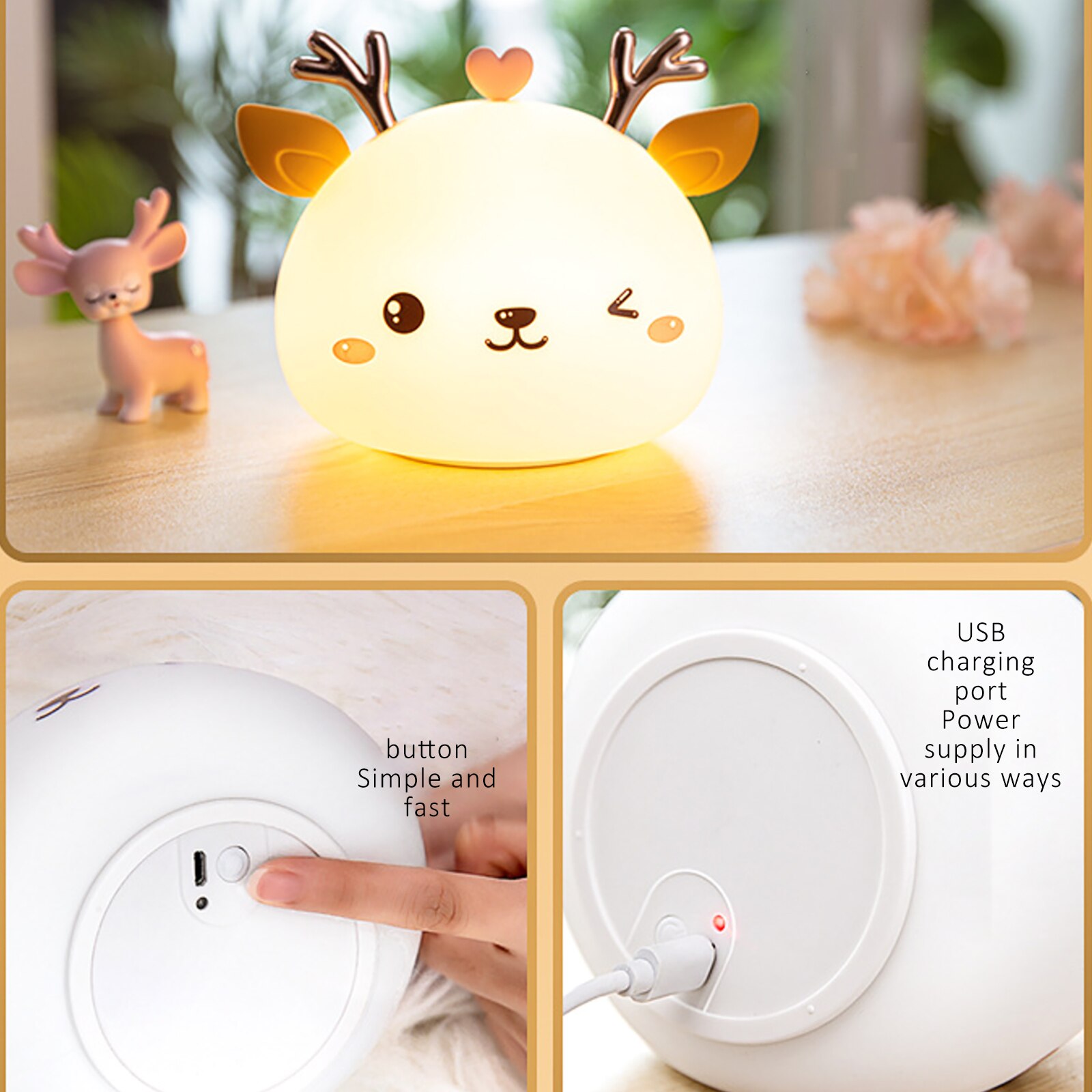 Children Pat Lamps Rechargeable 1800mah Deer Night Lamp 7 Light Colors Soft Silicone Touch Light Adorable Deer Shape Night Light