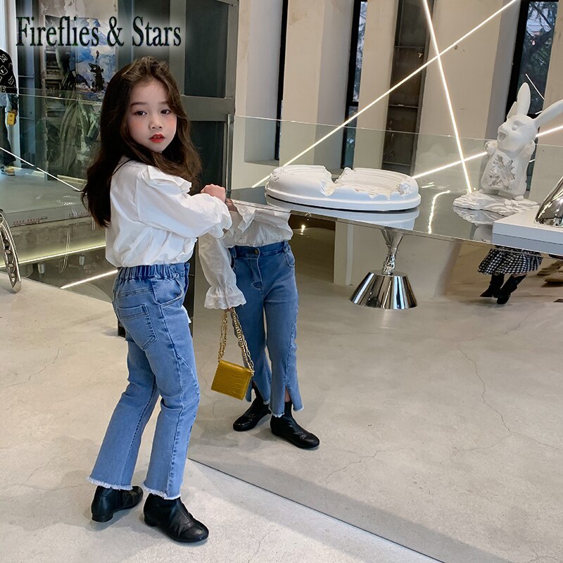 Pantalones de mezclilla para niña, pantalones acampanados para bebé, pantalones para niño, rasgados, con flecos, elásticos, 2 a 9 años