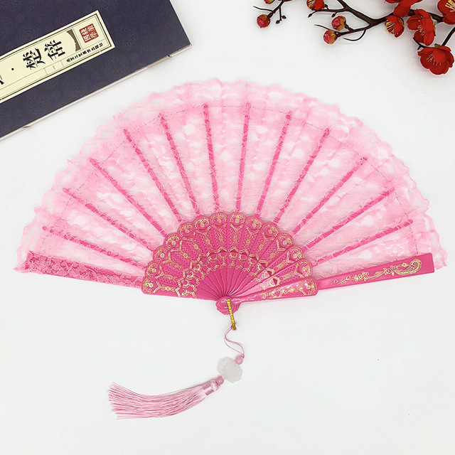 23cm Thin Lace Fan Plastic Bone Hand Fan Art Craft Lolita Japanese Sweet Girl Dance Photo Props Wedding Party Decoration: Pink  pendant