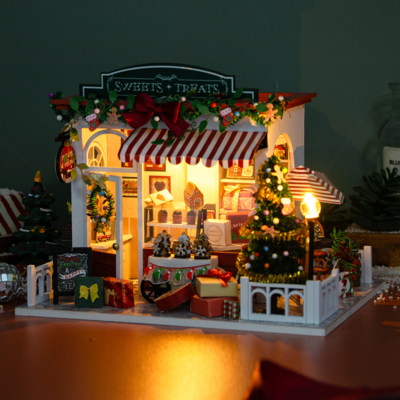 Diy Houten Poppenhuizen Kerst Dessert Winkel Casa Miniatuur Model Kit Villa Poppenhuis Met Meubels Led Licht Voor Vrienden Cadeau