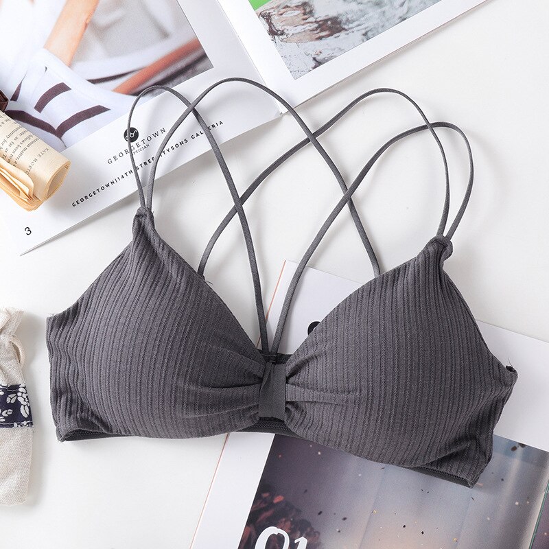 SVOKOR Stripe Bras For Women Push Up Lingerie Seamless Bra Backless Wire Free Bralette Cross Sling Tops Wnderwear: D-Gray